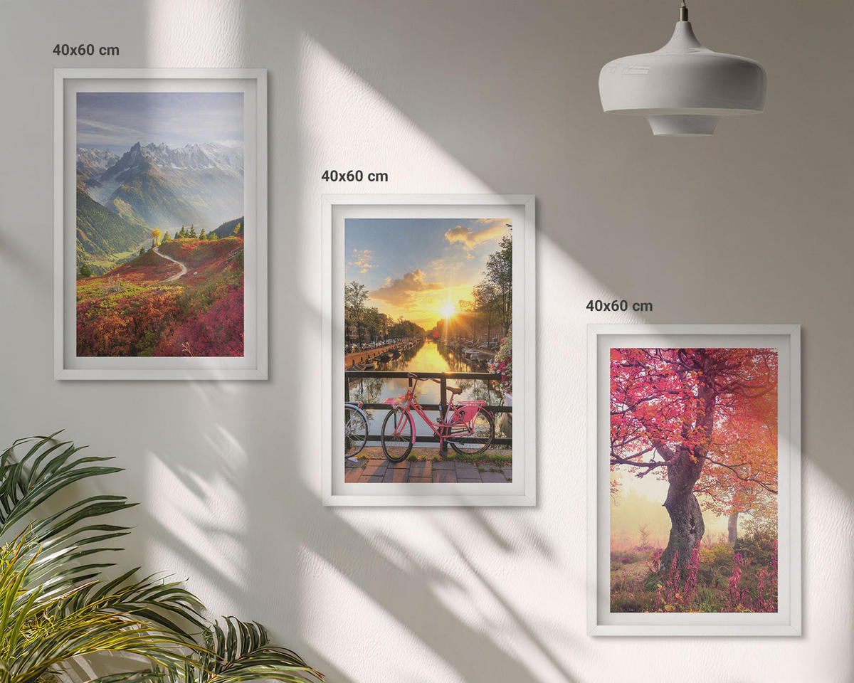 BILDER SET 3er Set - 40x60 cm Weißer Rahmen - Berglandschaften mit dem Fahrrad - Weiß, Kunststoff (40/60cm) - TULUP