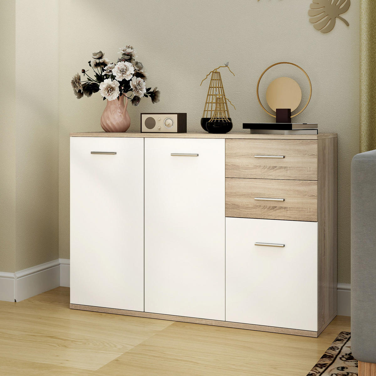 SIDEBOARD DE-11278 2 Schubladen, 3 Türen Weiß/Naturholz - Naturfarben, Holzwerkstoff (106/76/35cm) - ComfortXL