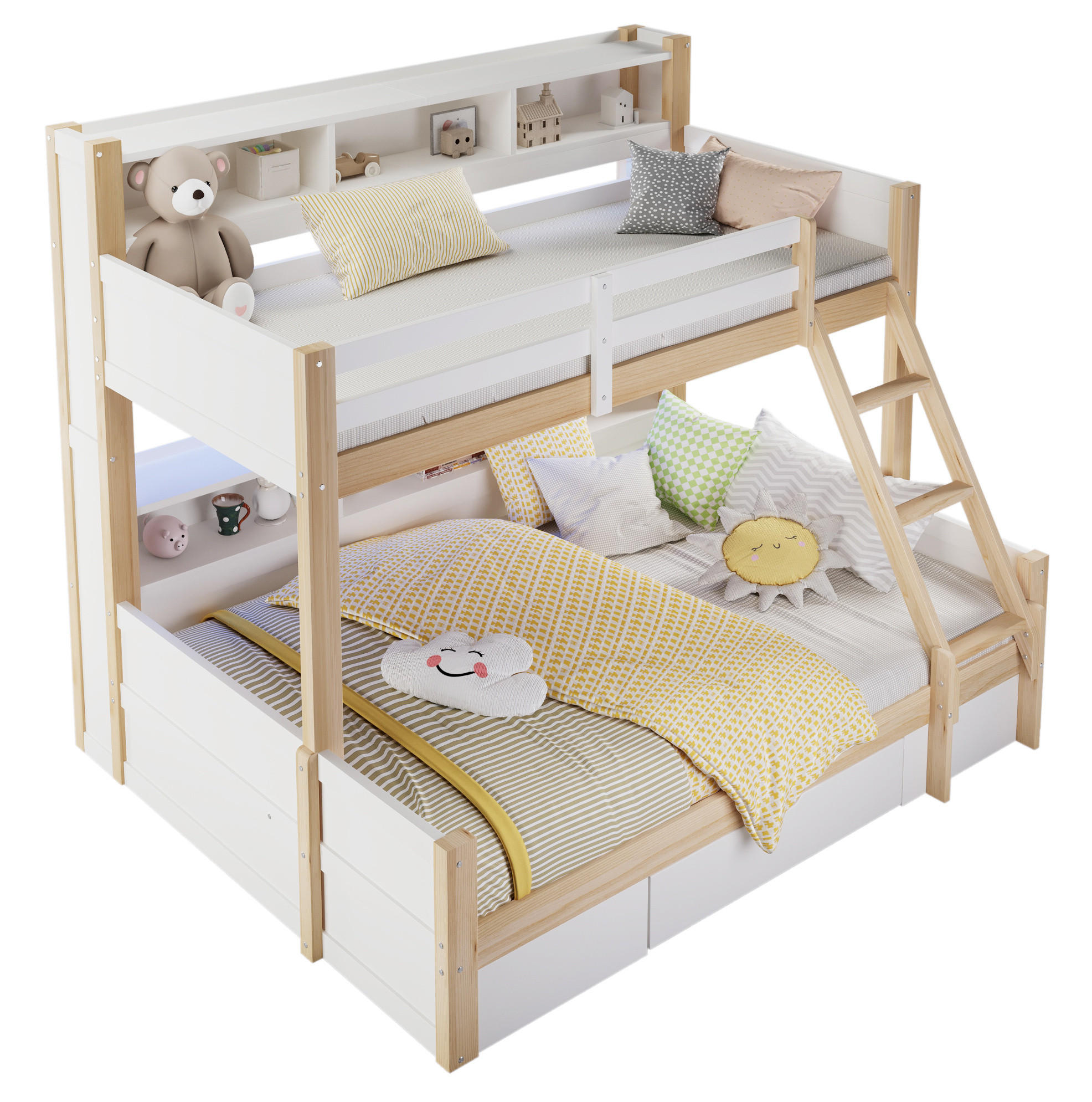 ETAGENBETT 90x200/140x200 cm Weiß/Natur mit LED-Beleuchtung und Stauraum - Weiß, Holz (90/200cm) - Flora Grace