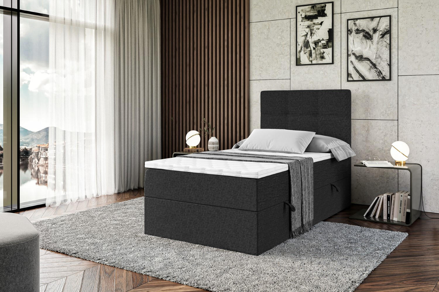 BOXBETT mit Matratze H3 und Lattenrost - MARCE - 90x200 - Rechts Schwarz - Schwarz, Holzwerkstoff (90/200cm) - ALTDECOR