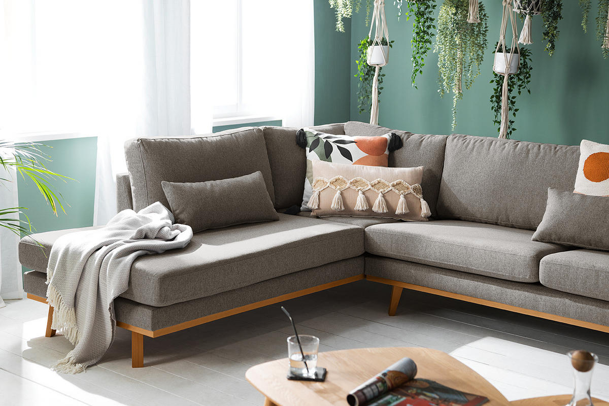 WOHNLANDSCHAFT mit Longchair - Graubraun/Buchefarben, Buchenholz/Textil (371/81/219cm) - home24