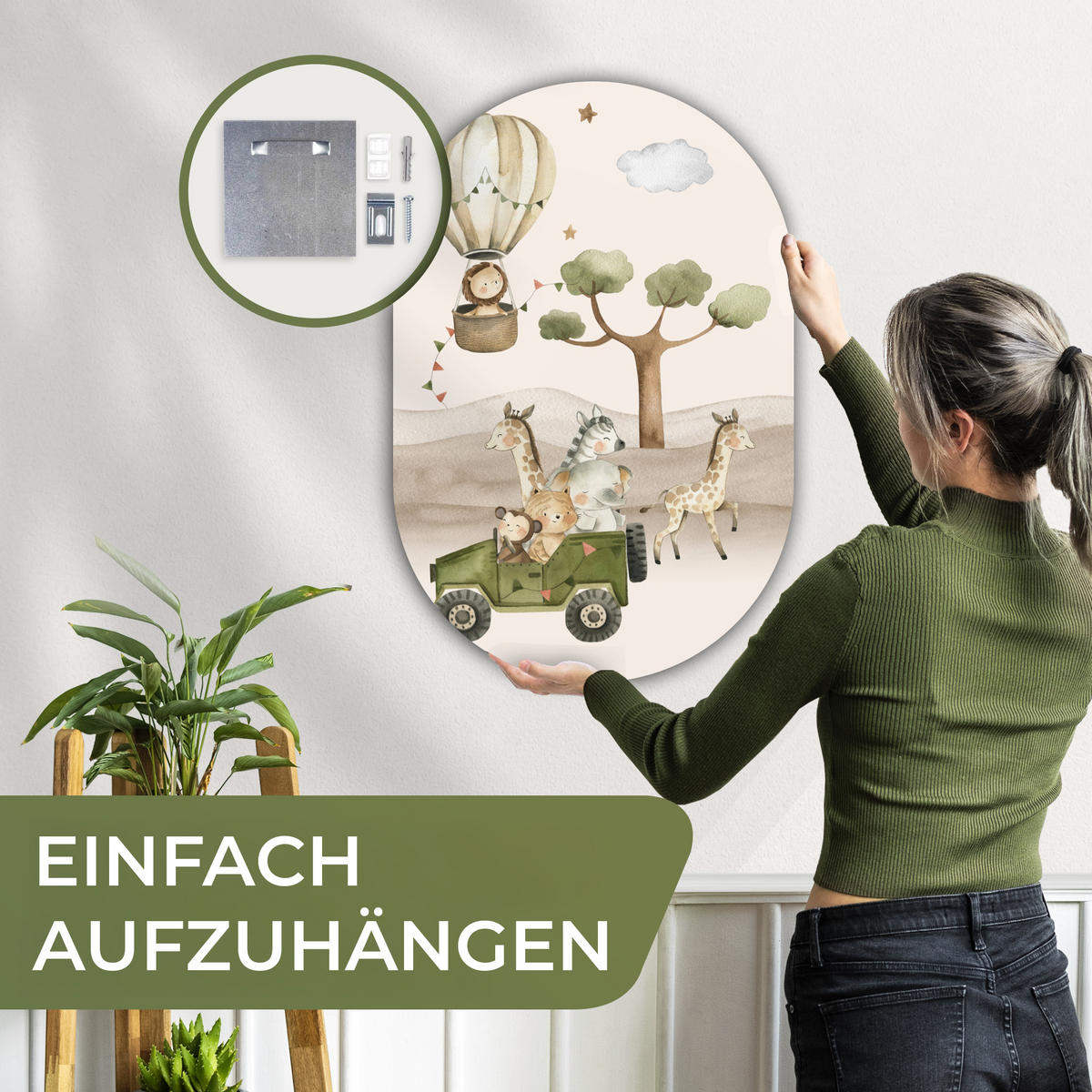 WANDBILD Wilde Tiere - Safari - Aquarell - Heißluftballon 60x90 cm - Beige, Kunststoff (60/90cm) - MuchoWow
