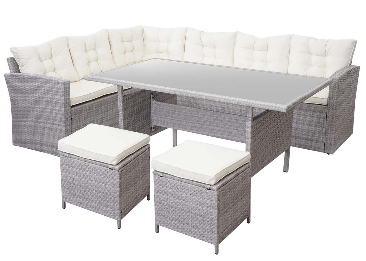 GARTENGARNITUR Hellgrau + 2x Hocker - Grau, Metall - PROREGAL