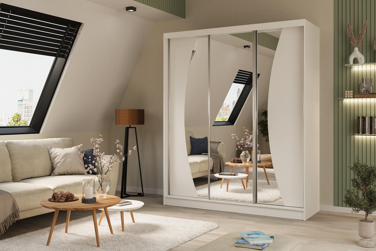 KLEIDERSCHRANK mit Spiegel-Schiebetüren und Aluminium-Leisten, LED-Beleuchtung - VOXI - 180 cm Weiß - Weiß, Holzwerkstoff (180/216/61cm) - ALTDECOR