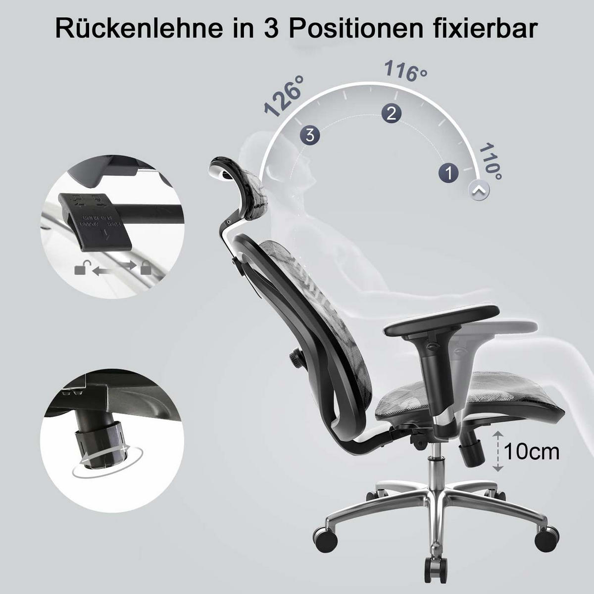 BÜROSTUHL Grau, Weiß - Weiß/Grau, Textil (66/128/93cm) - SIHOO