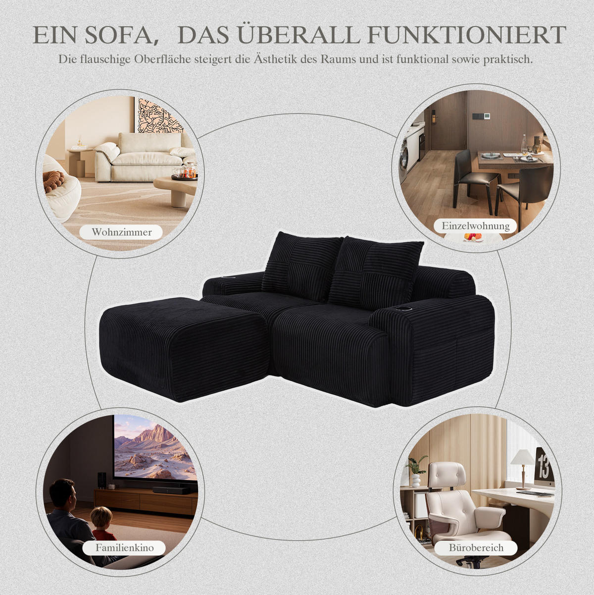 ECKSOFA 200/174/80 cm schwarz aus Cord mit Cupholder und Tasche - Schwarz, Textil (174/200cm) - OKWISH