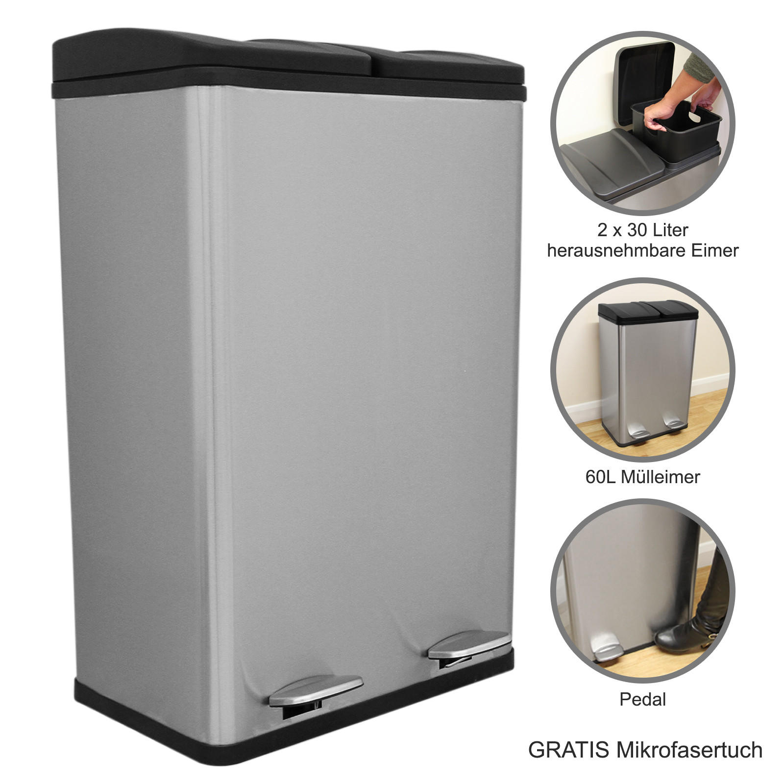 TRETMÜLLEIMER 60l Doppel Abfalleimer - Edelstahl - Alufarben, Metall (47/1/36cm) - Monstershop