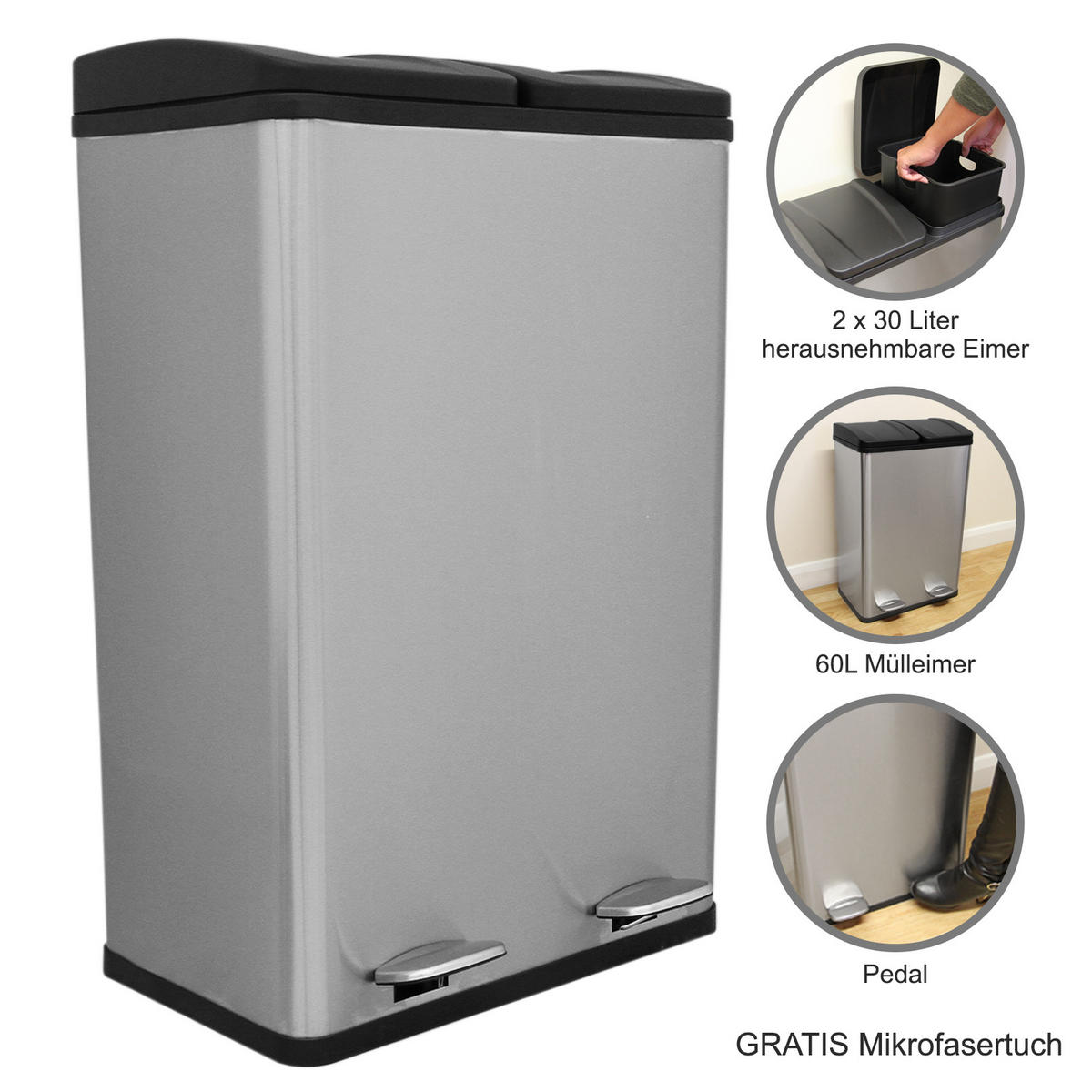 TRETMÜLLEIMER 60l Doppel Abfalleimer - Edelstahl - Alufarben, Metall (47/1/36cm) - Monstershop