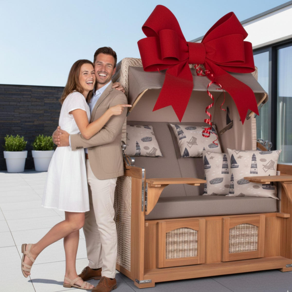 STRANDKORB XXL Düne Grande Teak PE Shell - Braun/Grau, Metall (142/170/95cm) - Mr. Deko