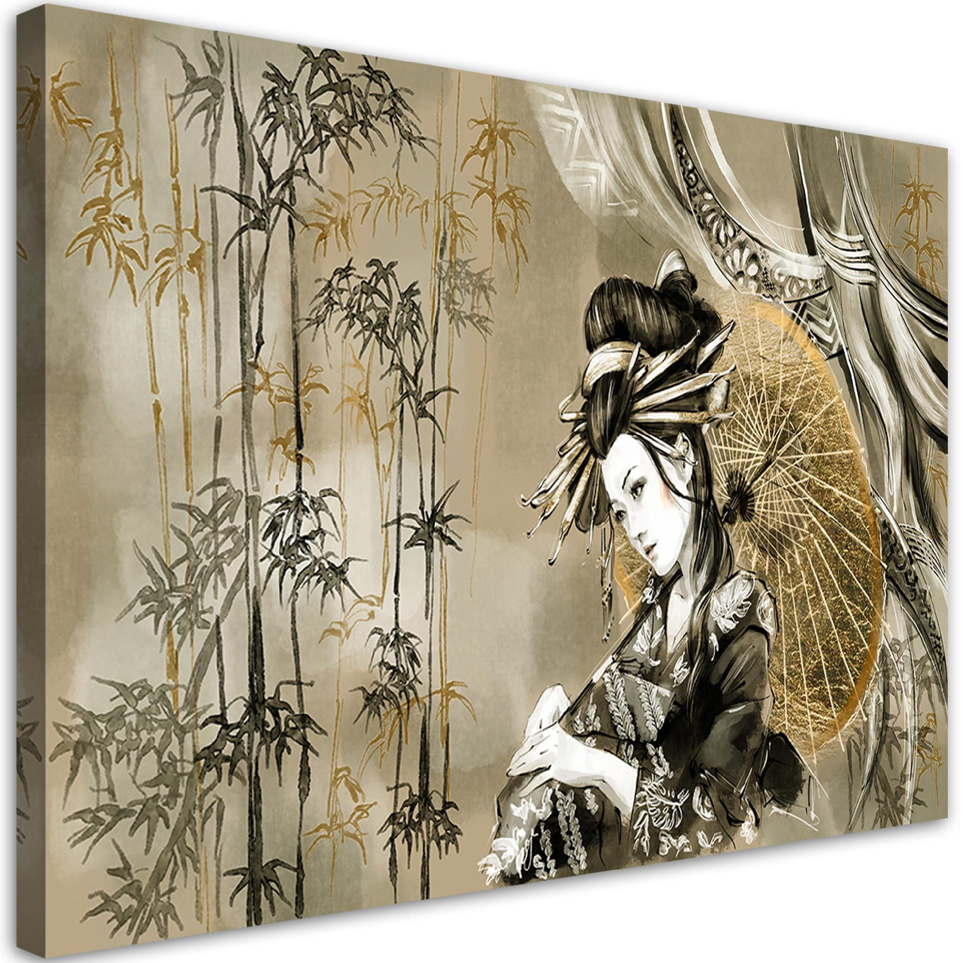 LEINWANDBILD Geisha und Bambus 60x40cm - Grün, Textil (60/40cm) - Feeby