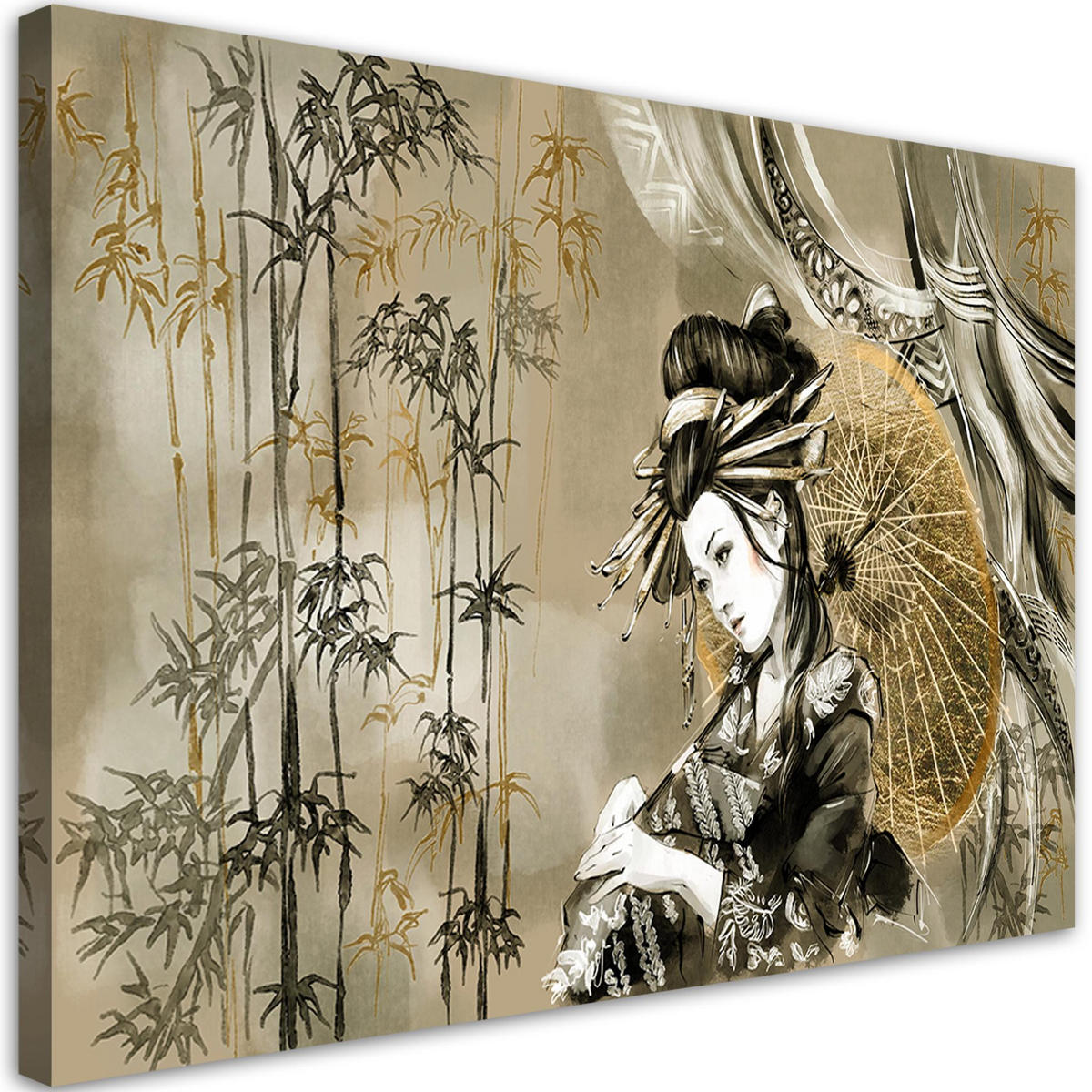 LEINWANDBILD Geisha und Bambus 60x40cm - Grün, Textil (60/40cm) - Feeby
