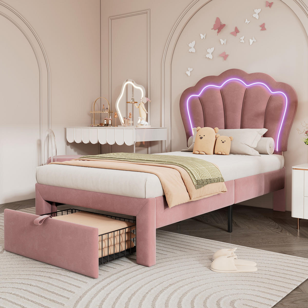 POLSTERBETT 90/200 cm in Rosa mit LED und Schublade - Rosa, Textil (90/200cm) - Flora Grace