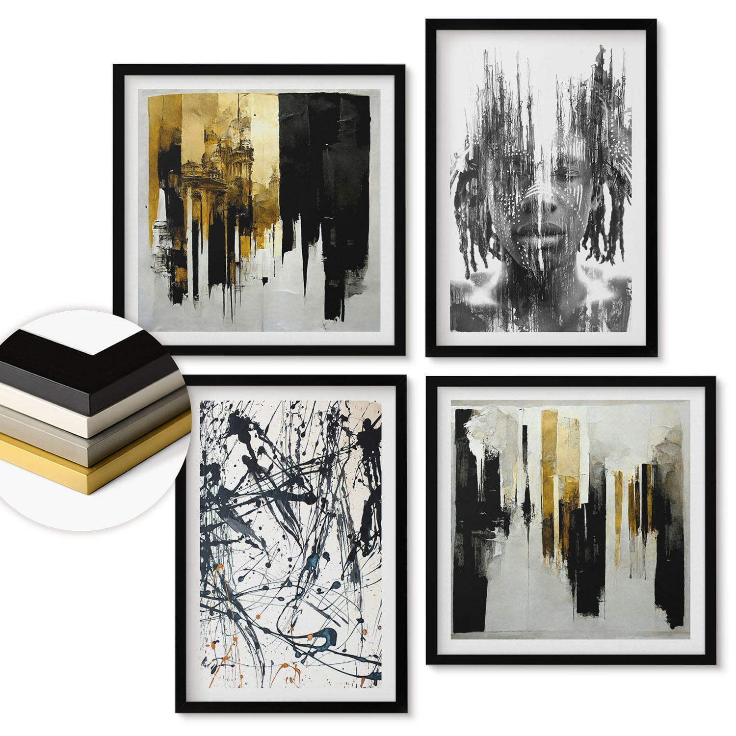 WANDBILDER 4er-Set - 50x50 cm & 40x60 cm Schwarzer Rahmen - Kontrastierende abstrakte Porträts - Schwarz, Kunststoff (50/50cm) - ArtPrintCave