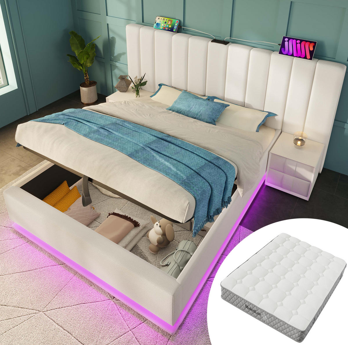 POLSTERBETT aus PU 180x200 cm Weiß mit Bettkasten, LED-Beleuchtung, USB-C und Matratze - Weiß, Leder (180/200cm) - IVMEU