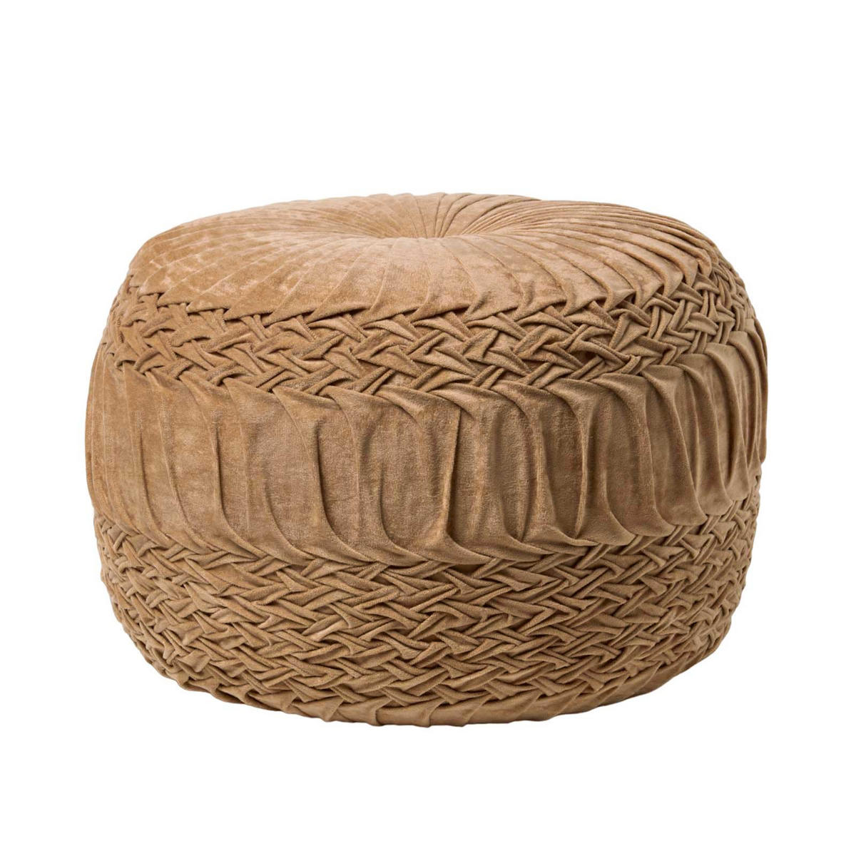SAMT-POUF Sofia sand, plissiert in Flechtoptik, 50/50/35 cm - Sandfarben, Textil (50/35/50cm) - Homescapes