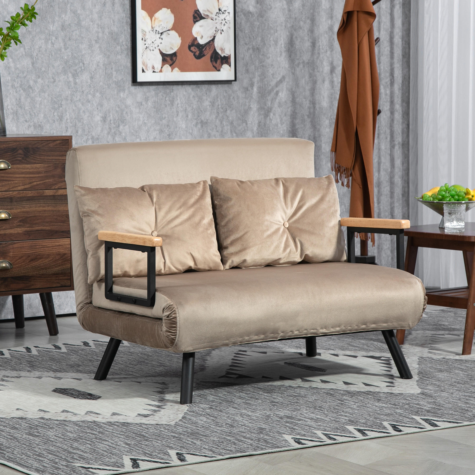 SCHLAFSOFA, Klappbett mit Bettfunktion, Verstellbarer Rückenlehne für Wohnzimmer - Hellbraun/Schwarz, Holz/Textil (73/81/102cm) - HOMCOM