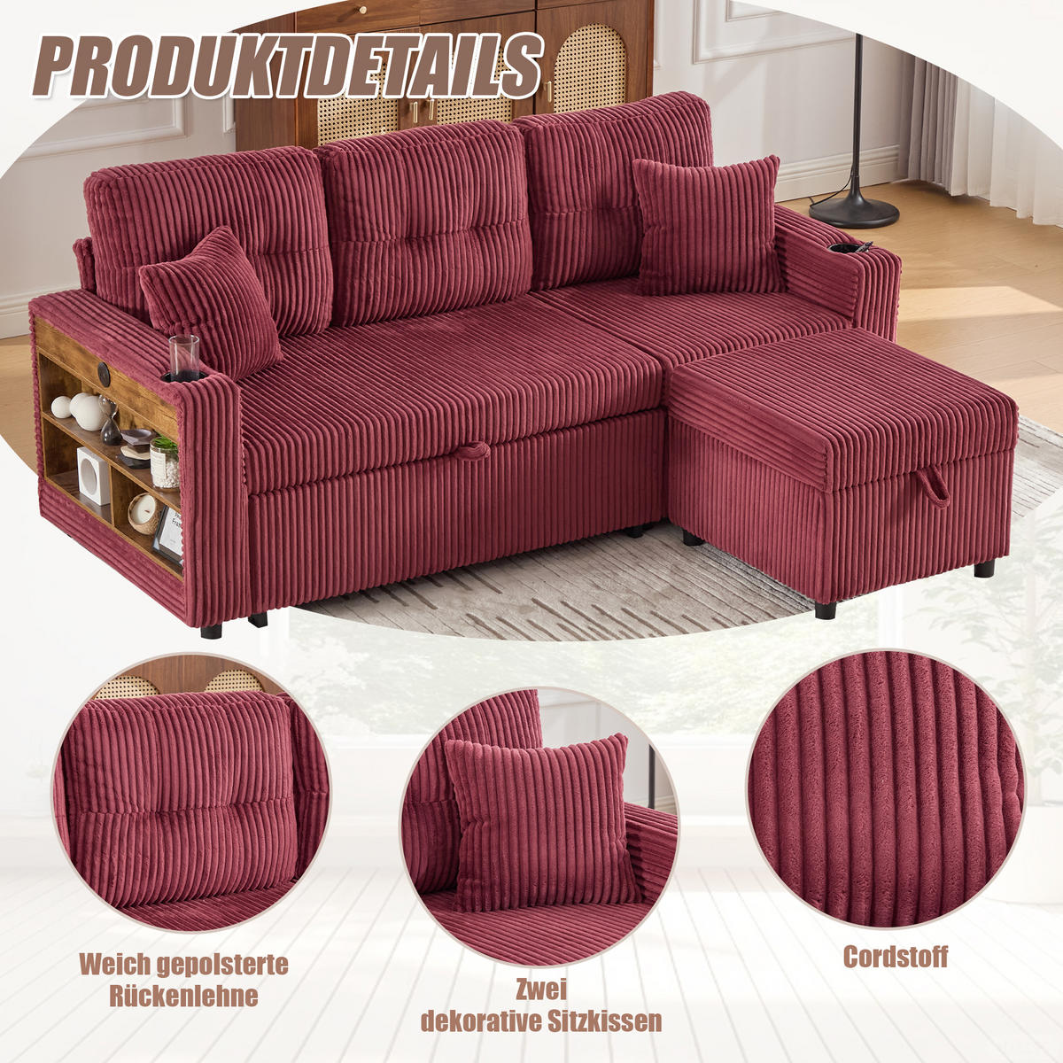 SCHLAFSOFA aus Cord mit Stauraum, Ausziehbett und USB-C - Weinrot, Textil (196/85/82cm)