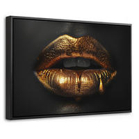 LEINWAND Bilder mit Rahmen - Frau - Porträt - Lippen - Gold - Schwarz - 30x20 - Schwarz, Textil (30/20cm) - MuchoWow