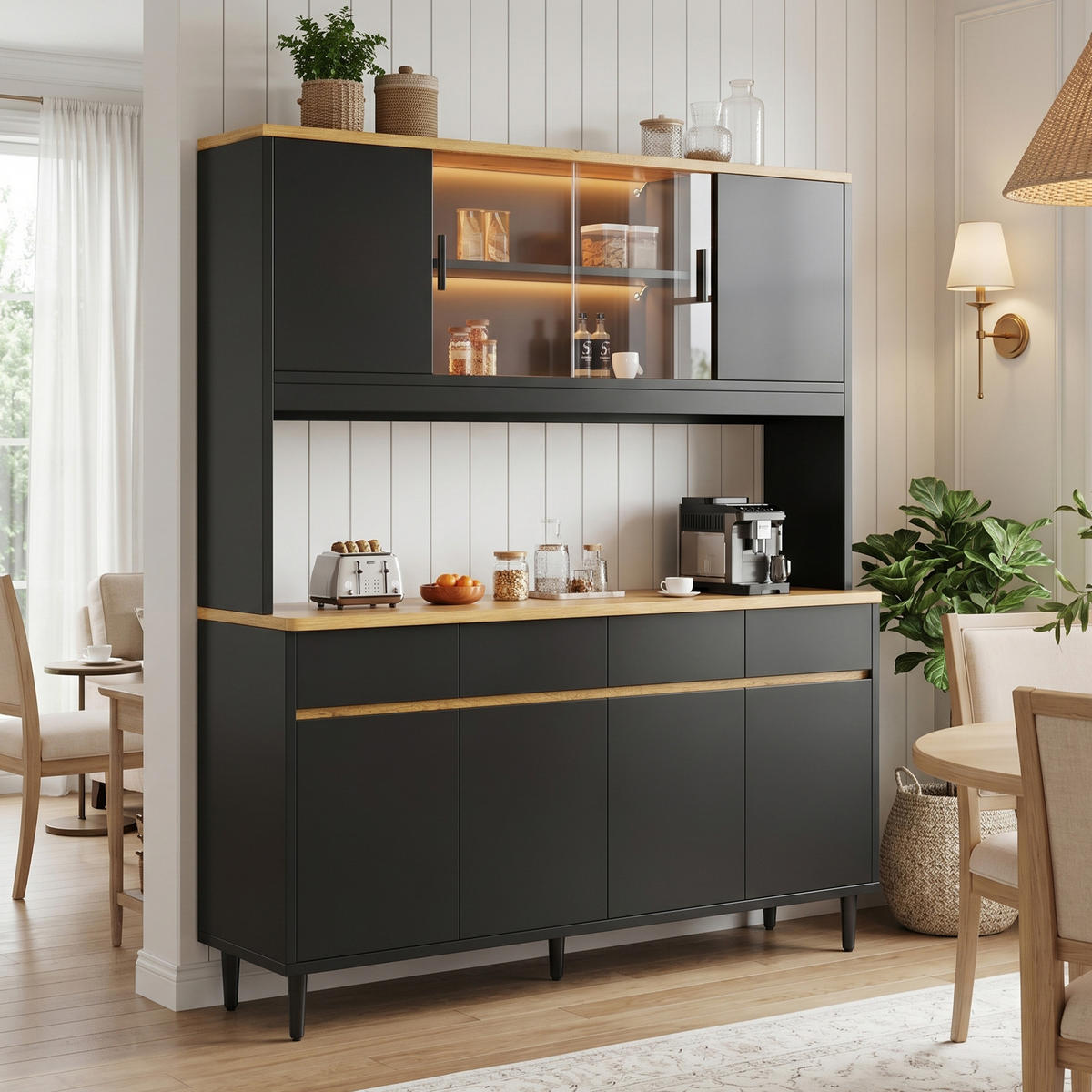 BUFFETSCHRANK 160x40x185cm LED Steckdose USB Schwarz Eiche - Schwarz, Holzwerkstoff (160/185/40cm) - FLIEKS