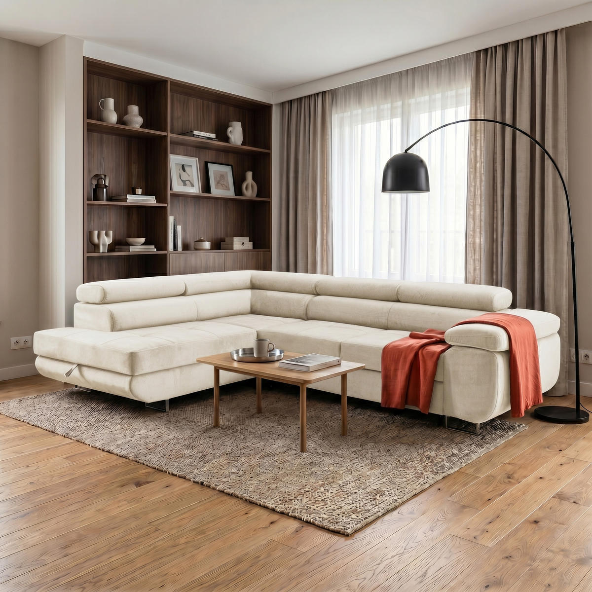 ECKSOFA WILD L Links mit Schlaffunktion 127x195 Velours Beige - Chromfarben/Beige, Holz/Textil (203/274cm) - Muffo