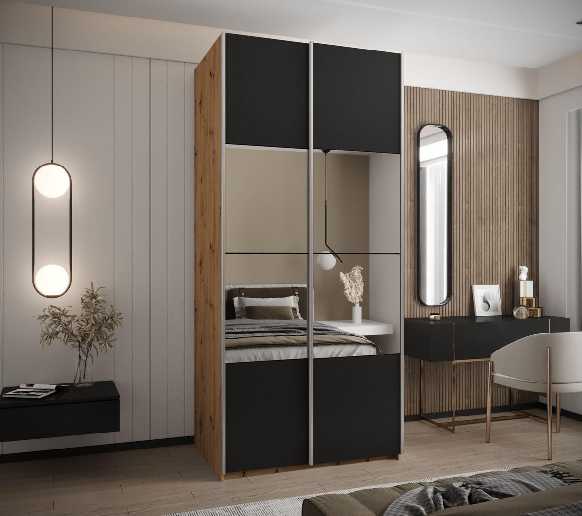 SCHWEBETÜRENSCHRANK 245,5/110/64 2-türig - Silberfarben/Schwarz, Holz/Metall (110/245/64cm) - Abiks Möbel