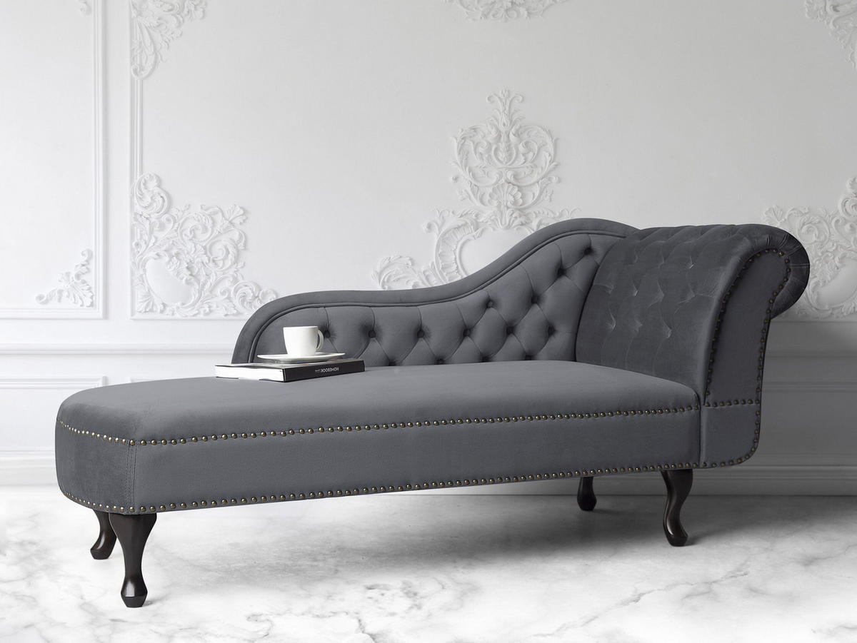 CHAISELONGUE Samtstoff grau rechtsseitig Nimes - Dunkelbraun/Grau, Textil (170/79/61cm) - Beliani