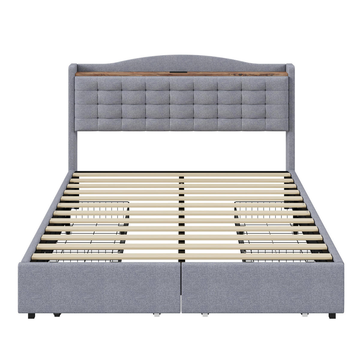 POLSTERBETT 140/200 cm mit USB-Ladeanschluss, Ablage und 4 Schubladen, grauer Leinenstoff - Grau, Textil (140/200cm) - Redom