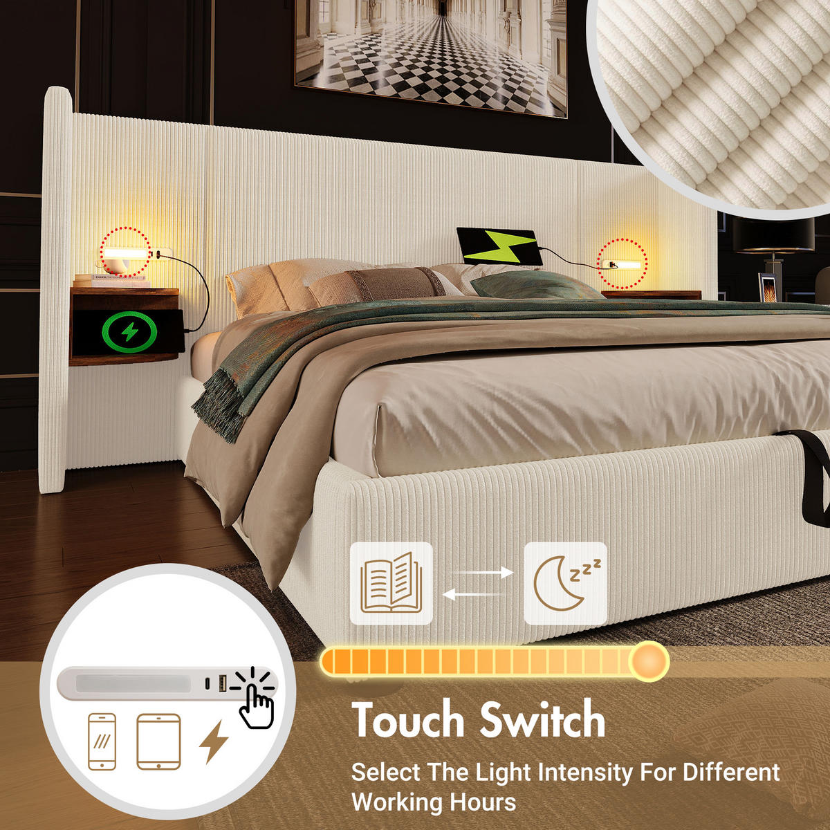 POLSTERBETT 160x200 Beige-Weiß Cord Nachttisch LED USB - Beige, Textil (160/200cm) - FLIEKS