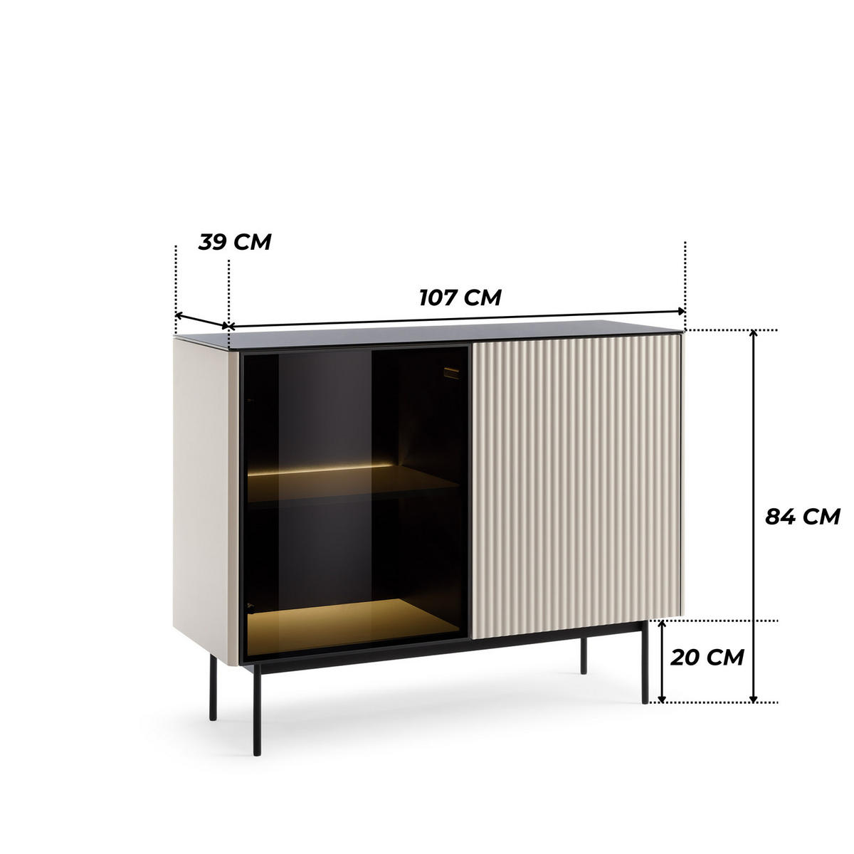 SIDEBOARD DIJON K107 107 cm (Kaschmir, Glasplatte, Antisol-Glas, LED) - Kaschmir/Schwarz, Glas/Holz (107/84/39cm) - Ravio