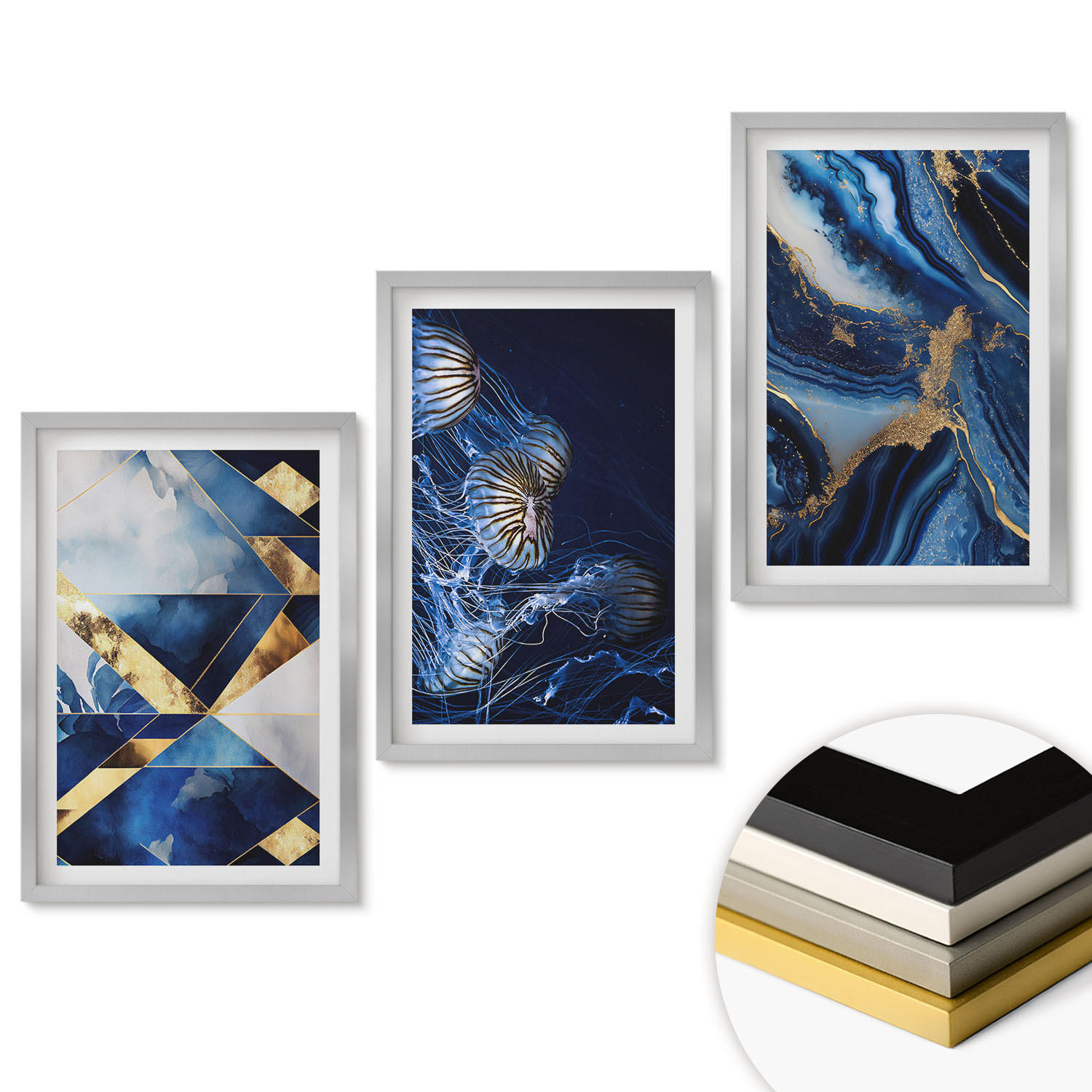 WANDBILDER 3er Set - 40x60 cm Silberner Rahmen - Abstrakte, elegante Muster - Silberfarben, Kunststoff (40/60cm) - ArtPrintCave