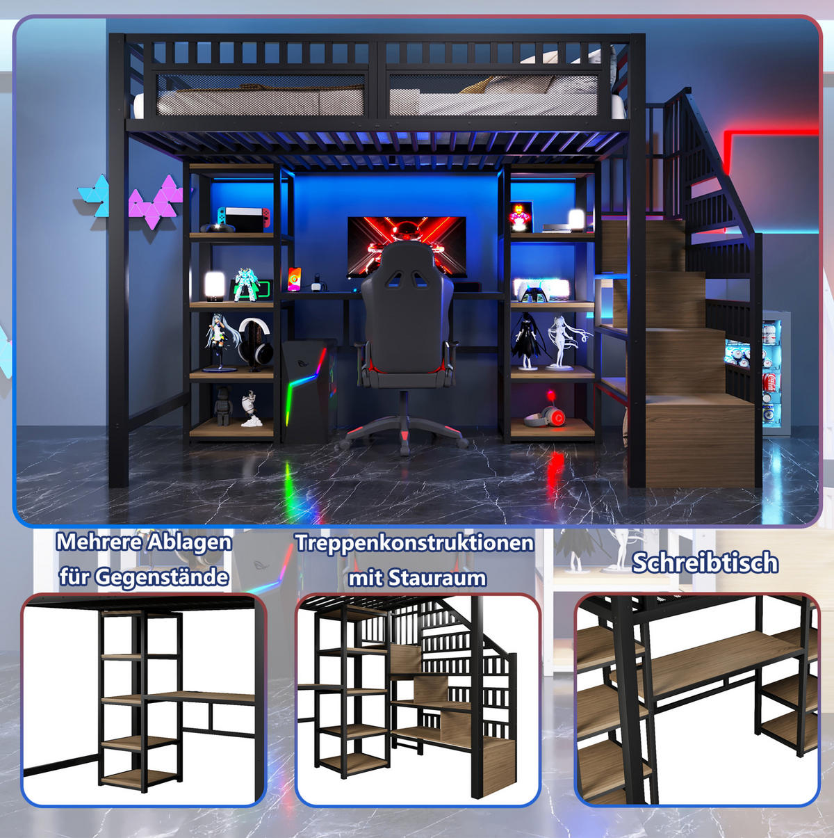 HOCHBETT 140/200 cm aus Metall und MDF mit Schreibtisch, LED-Lichtleiste, USB und Leiter mit Stauraum, Schwarz - Schwarz, Holzwerkstoff (140/200cm) - Redom
