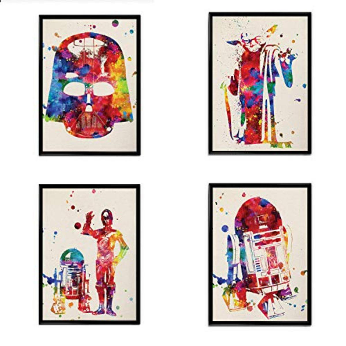 POSTER Set mit 4 Star Wars Film Darth Vader, Yoda, R2D2 und C3PO A4 Schwarzer Rahmen - Schwarz, Papier (29.7/3/21cm) - Nacnic