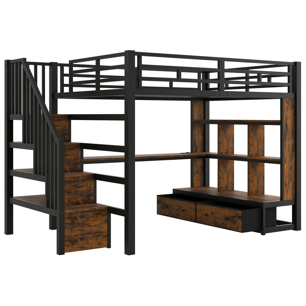 HOCHBETT aus MDF und Metall 140x200 cm Schwarz mit Schreibtisch, Regalen, Stauraumtreppe, LED und Schubladen - Schwarz, Holzwerkstoff (140/200cm) - Modfu