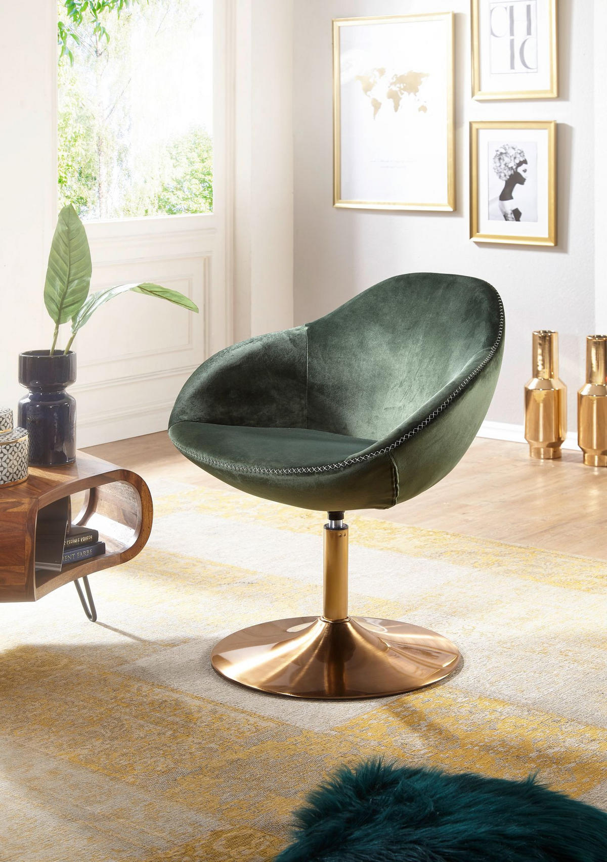 LOUNGESESSEL Samt mit 360° Drehfunktion, Grün 70x70x79 cm - Goldfarben/Grün, Textil/Metall (70/79/70cm) - KADIMA DESIGN