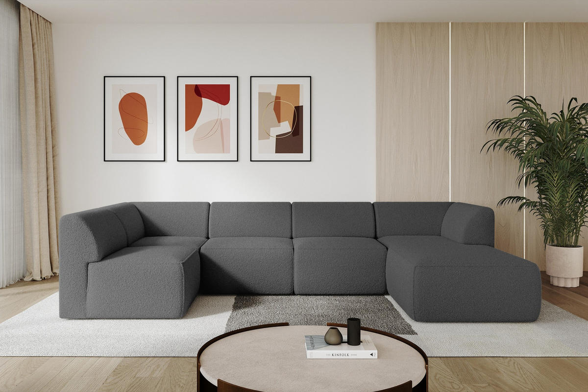 WOHNLANDSCHAFT Ottomane Rechts MOVO-L 345x180x78 cm Grau Bouclé - Schieferfarben/Schwarz, Holzwerkstoff/Kunststoff (345/78/180cm) - ALTDECOR