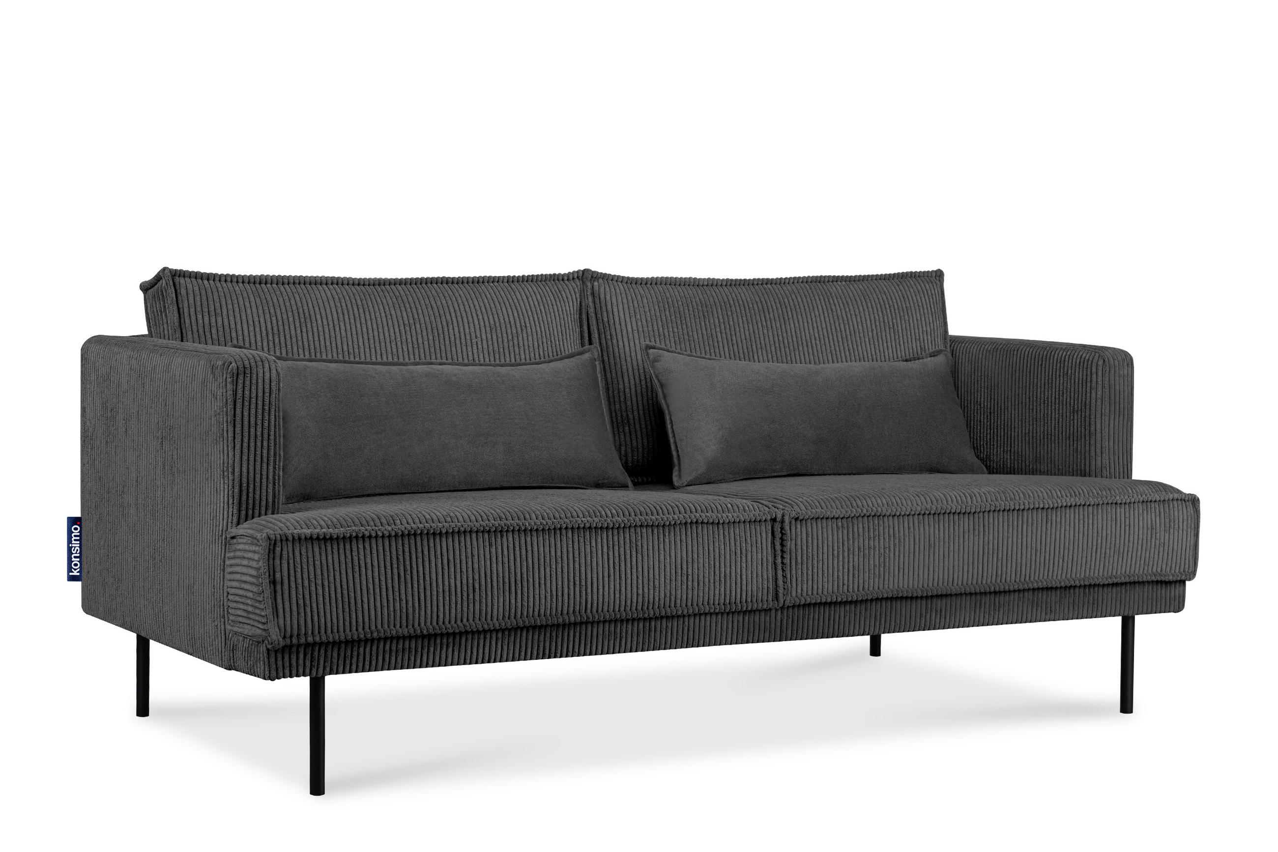 3-SITZER-SOFA GANZO 2 Kissen inklusive, Cord-Stoff, grau - Schwarz/Grau, Textil/Metall (193/84/92cm) - KONSIMO®