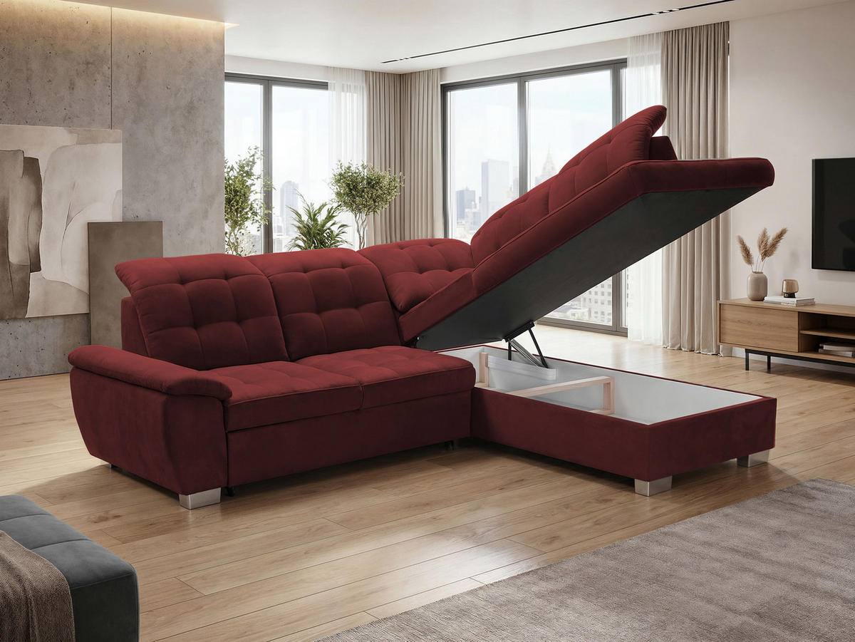 ECKSOFA LENO Rechts, mit Schlaffunktion und Bettkasten, Rot - Rot, Kunststoff/Textil (261/220cm) - Idohome