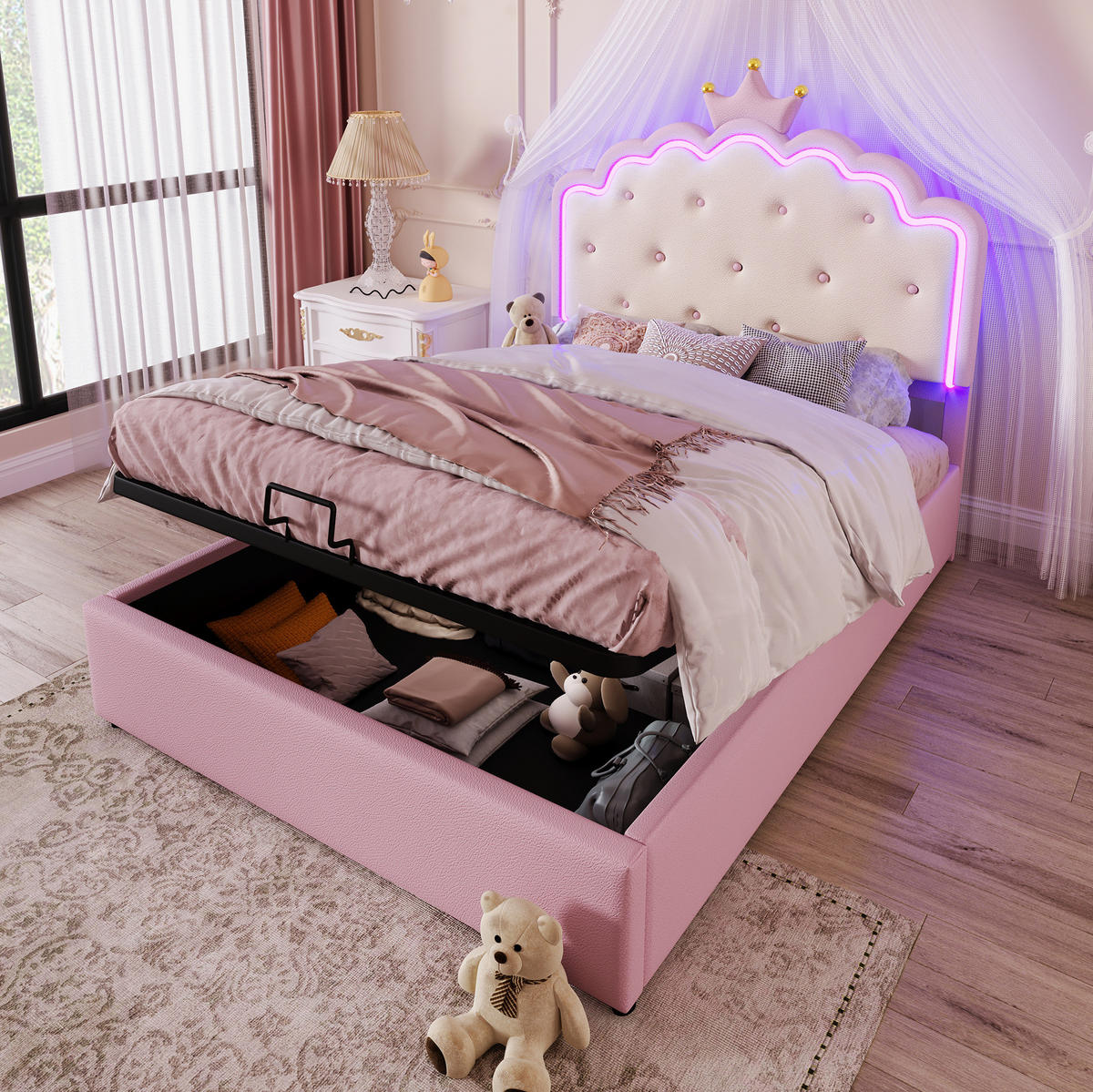 POLSTERBETT 140/200 cm aus PU und MDF mit LED-Beleuchtung und hydraulischem Stauraum Rosa - Pink, Kunststoff (140/200cm) - Modenvie
