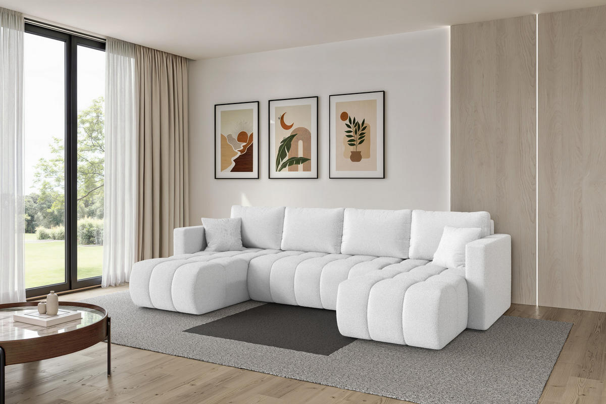 SEDACÍ SOUPRAVA DO U s funkcí spaní a úložným prostorem GARD-U 300x146x85 bílá bouclé - bílá/černá, kompozitní dřevo/textil (300/85/146cm) - ALTDECOR