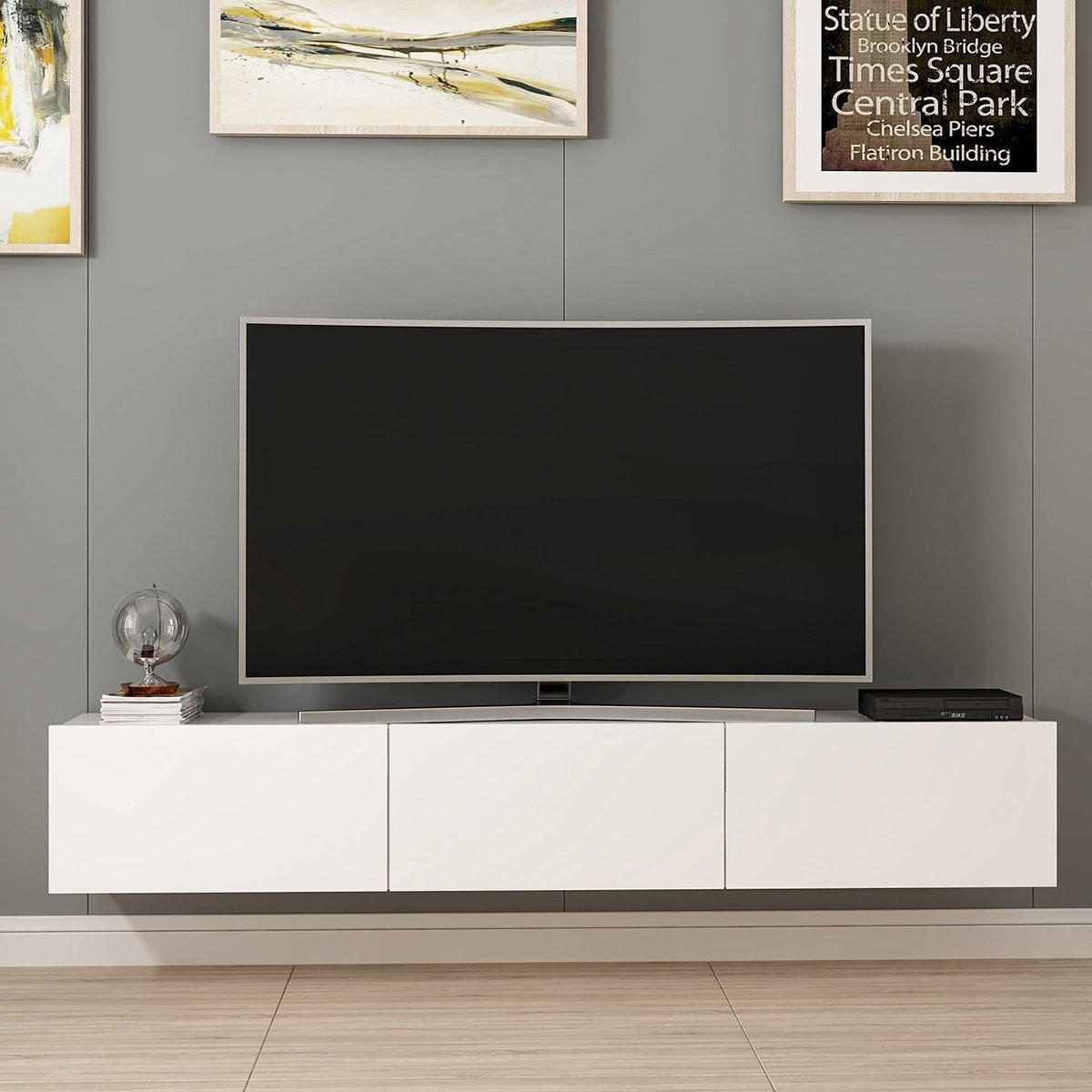 RIGEL Nástěnná TV skříňka se 3 dveřmi, bílá, šířka 180 cm - bílá, kompozitní dřevo (32/30/180cm) - Calicosy