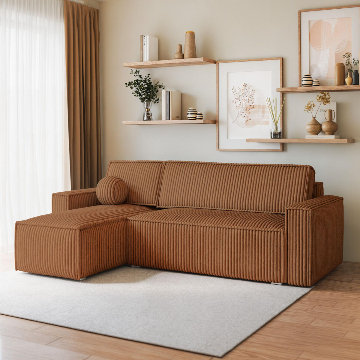 ECKSOFA RAVELO T Kupferfarben Kordstoff mit Schlaffunktion - Kupferfarben, Holz (240/140cm) - MASSENO