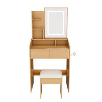 SCHMINKTISCH in Holzoptik 60 cm mit LED-Spiegel, Steckdose und Hocker - Naturfarben, Holzwerkstoff (60/130/36cm) - Urban Meuble
