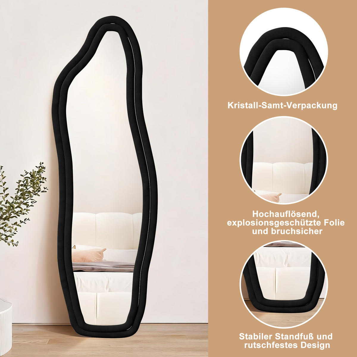 STANDSPIEGEL 140x45 cm Wellenform Holzrahmen schwarz - Schwarz, Holz (45/140/3cm) - LEBENLANG