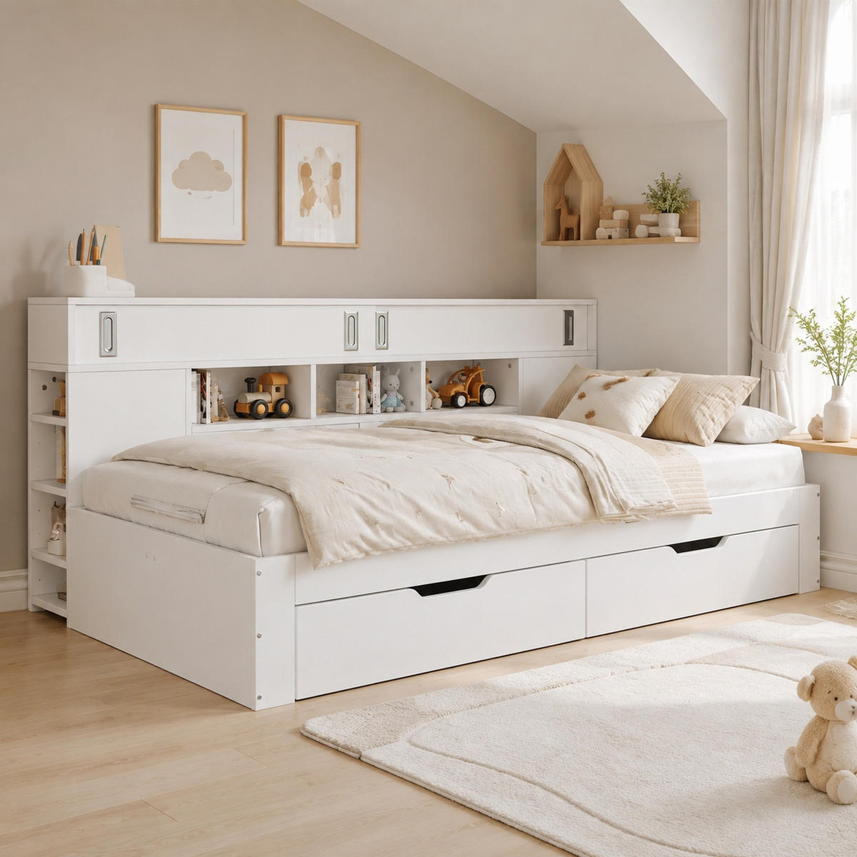 KINDERBETT 140/200 mit Schubladen, Regalen und Stauraum in Weiß - Weiß, Holzwerkstoff (140/200cm) - EVRYAE