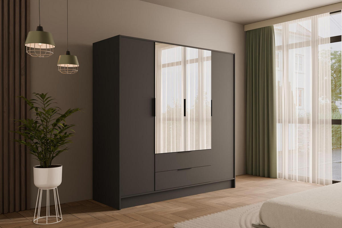 KLEIDERSCHRANK mit Spiegel und Flügeltüren KOLIN 200x200cm Graphit - Graphitfarben, Holzwerkstoff (200/200/51cm) - ALTDECOR