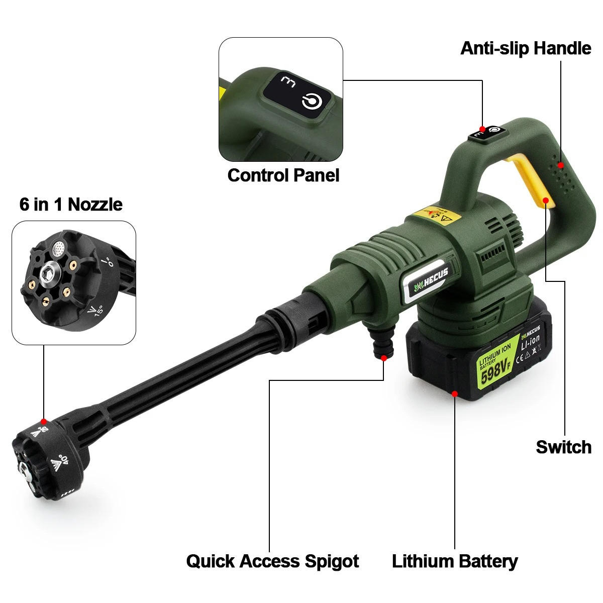 ELEKTRO-HOCHDRUCKREINIGER 6 IN 1, 200 Bar 3 Gänge bürstenloser, für Makita 18 V Batteriestifte, Ohne Batterie - Grün, Kunststoff (45/23cm) - Coonoor