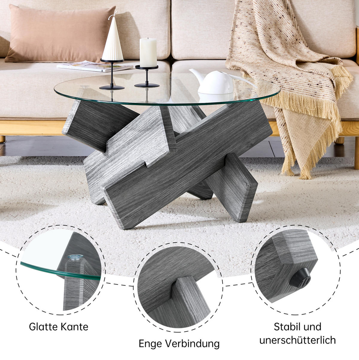 COUCHTISCH 79/45 cm Grau/Transparent aus MDF und Glas mit Kreuzgestell - Grau, Holzwerkstoff (79/79/45cm) - OKMYHOME