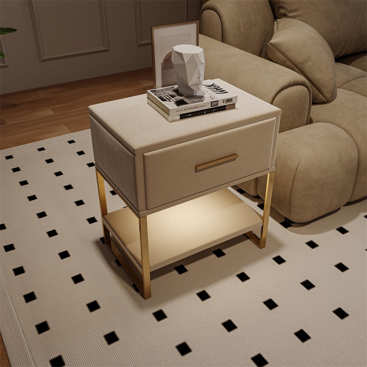NACHTTISCH mit LED-Beleuchtung - 1 Schublade & Offenem Fach - Samtbezug & Goldene Beine - 2er Set - Beige - Weiß, Textil (40/50/31cm) - DELFA