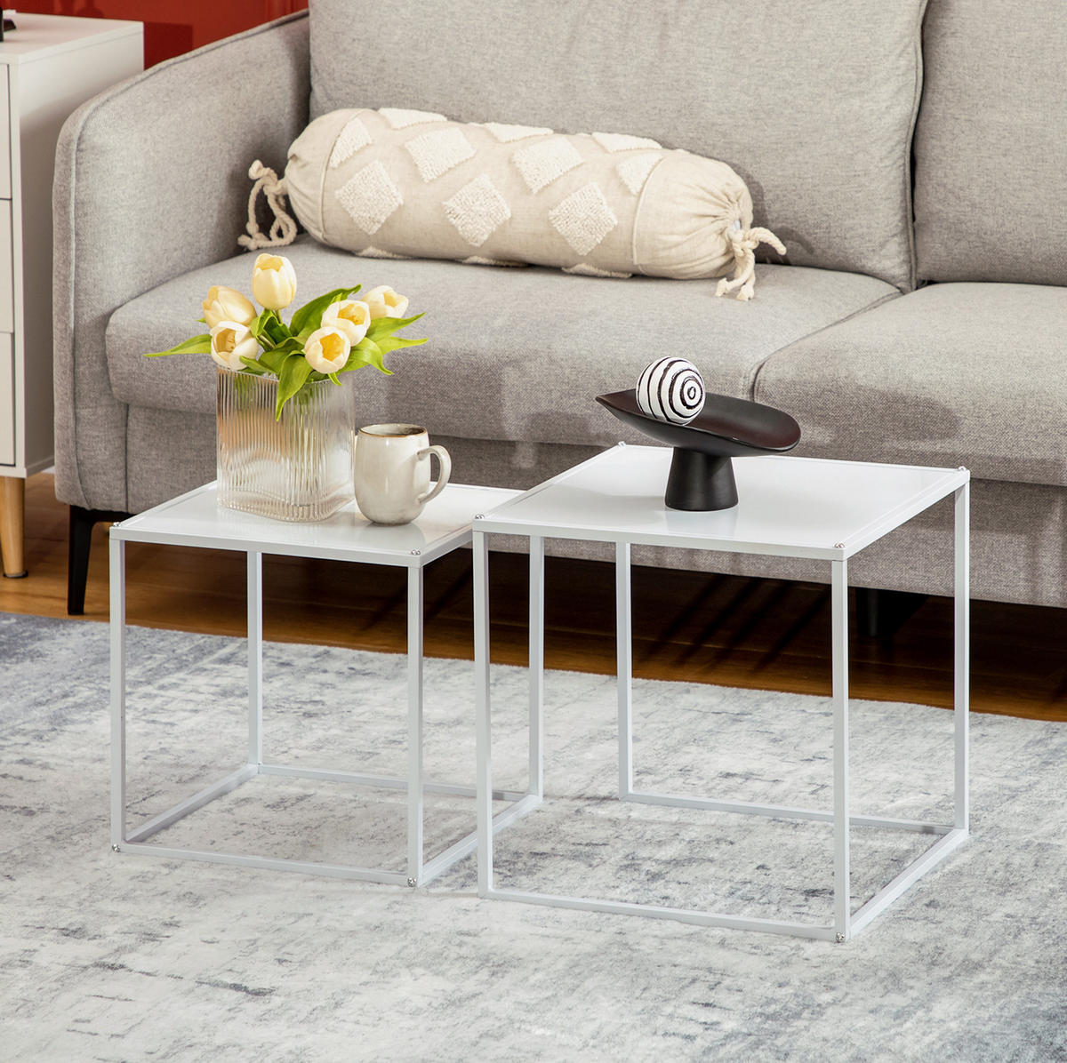 COUCHTISCH 2er-Set 40/40/40 cm & 35/35/35 cm aus Stahl in Weiß - Weiß, Metall (40/40/40cm) - Flora Grace