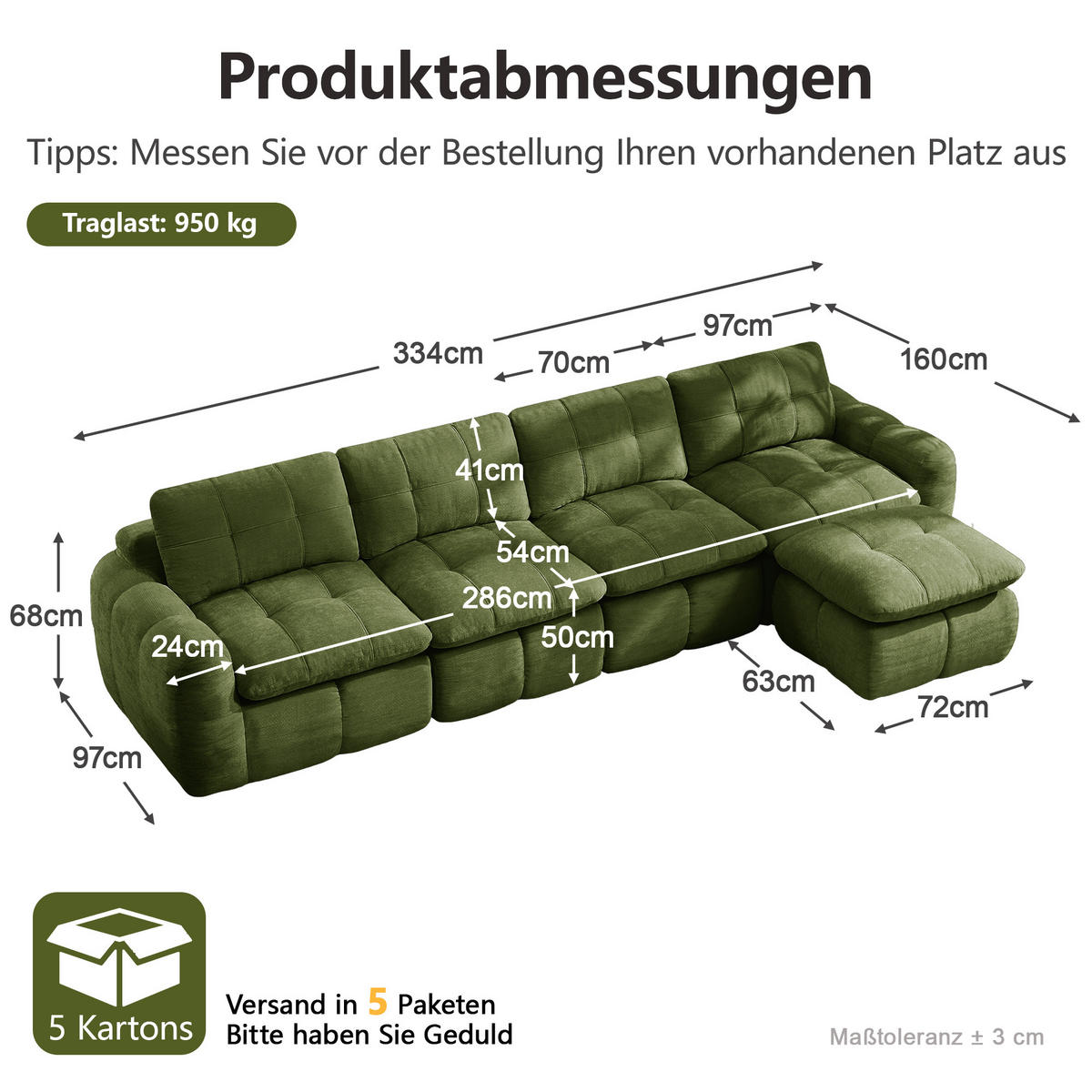 ECKSOFA 334/160/68 cm Grün Chenille mit 1 Fußhocker - Grün, Textil (334/160cm) - Oxeza